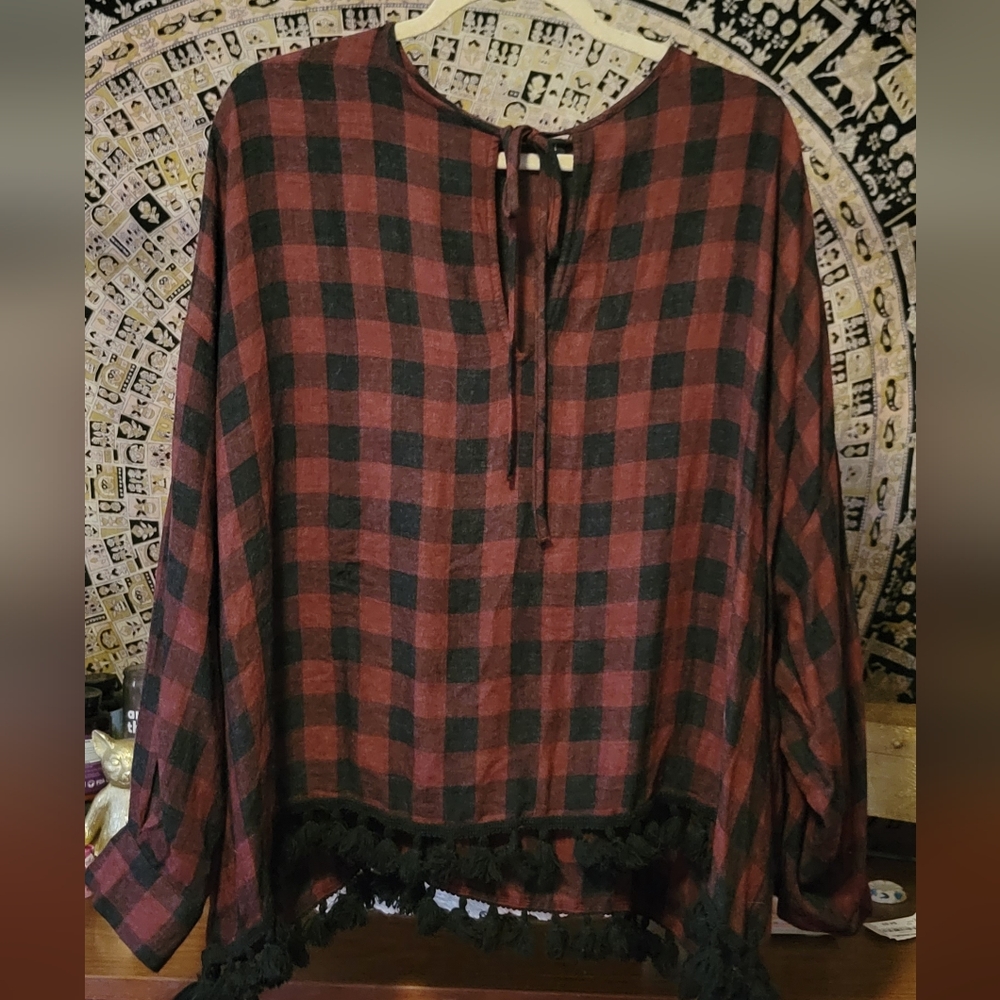 ZARA Red and Black Soft Flannel Top with Tassels and Tie Neck